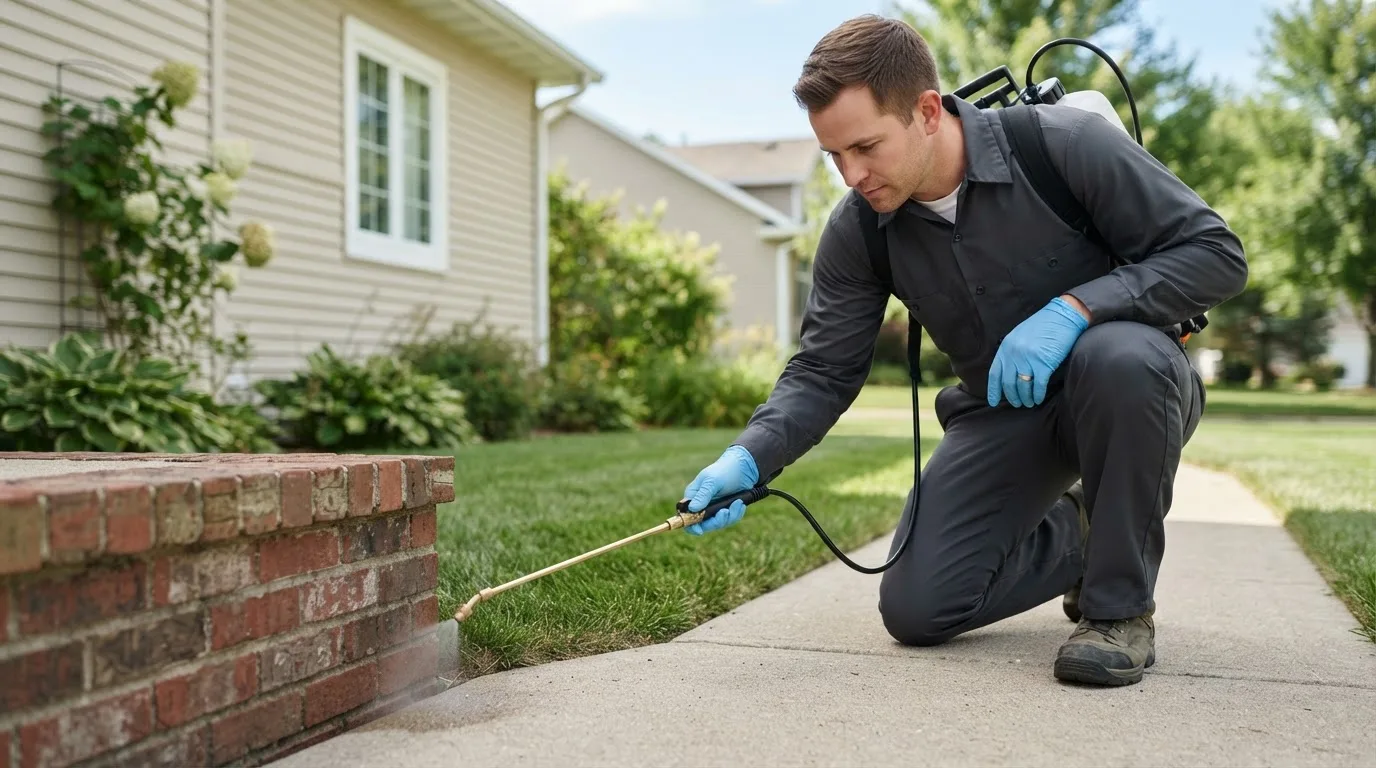 Pest control technician treating a home near Tulia, TX